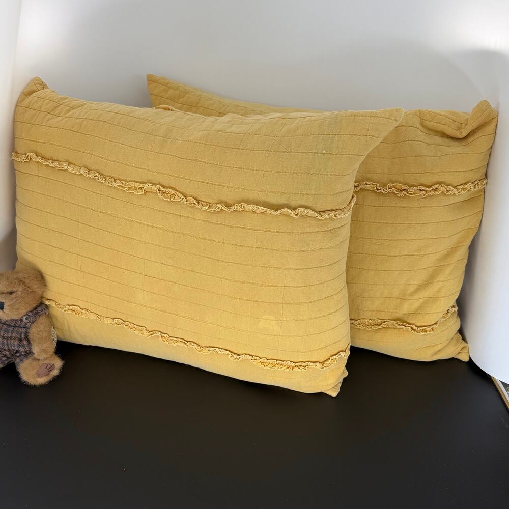Set 2 Boho Mustard Yellow Pillow Sham Full Queen Covers Fringed Farmhouse Worn